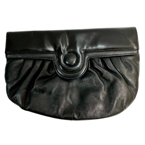 Vintage 80s Large Black Patent and Matte Leather Oversized Clutch - Picture 3 of 10
